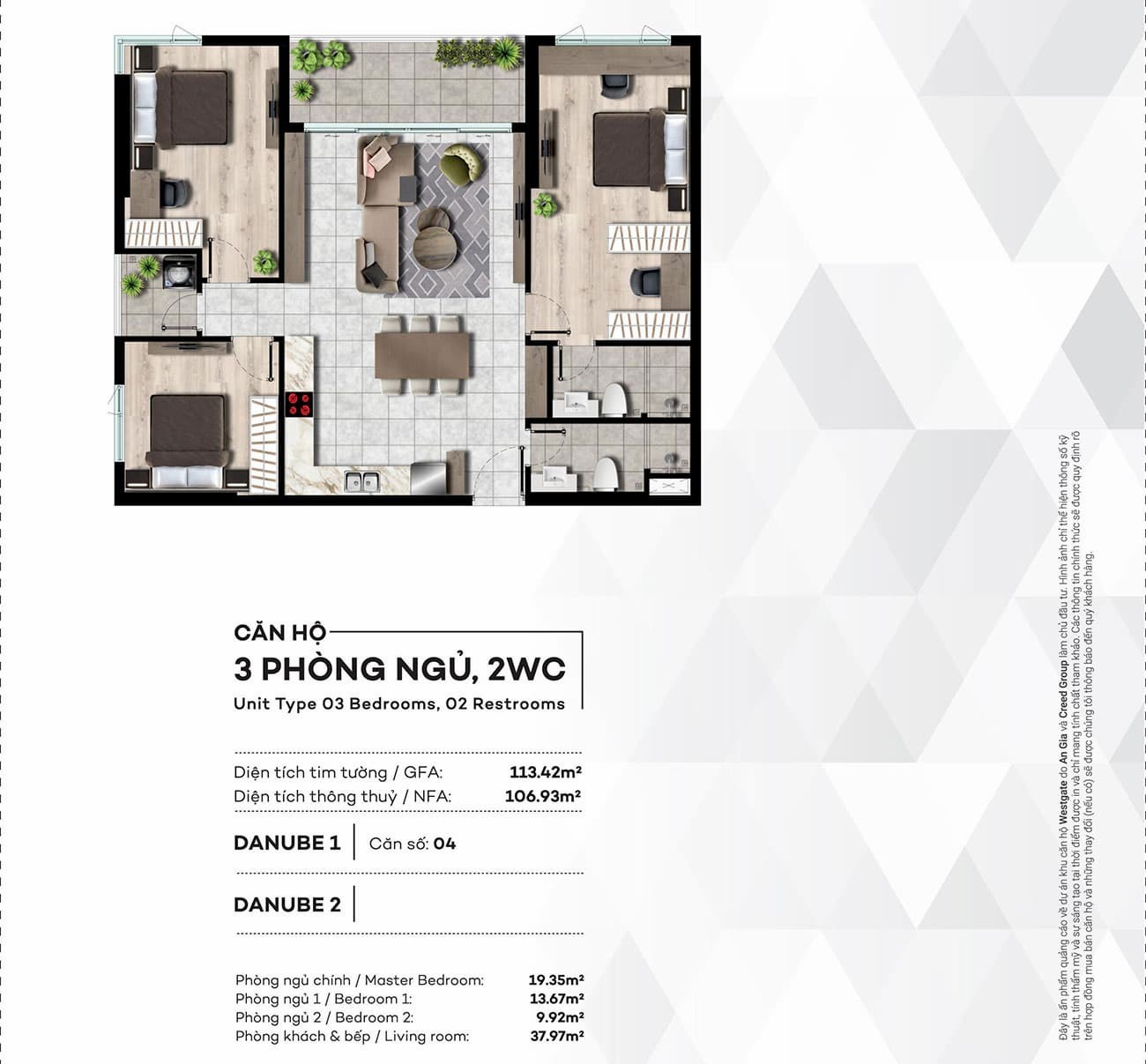 Thiết kế chi tiết căn hộ 3PN,2WC dự án West Gate Bình Chánh